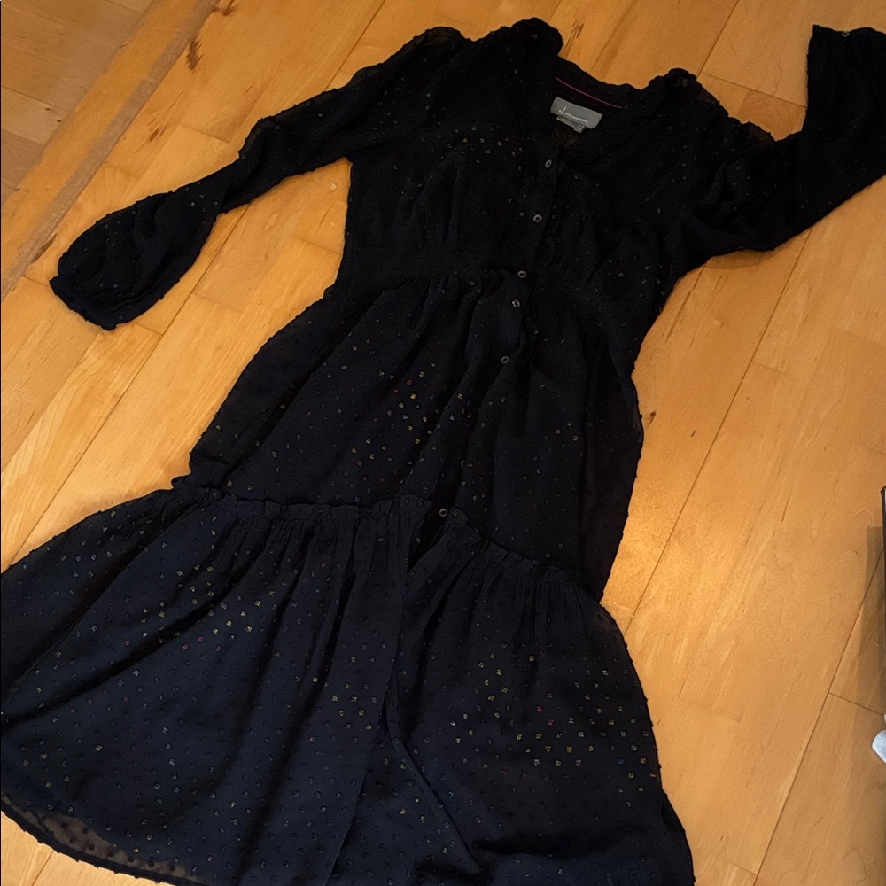 Anthropologie Tiered Dress Sheer Black with Slip Metallic Rainbow design